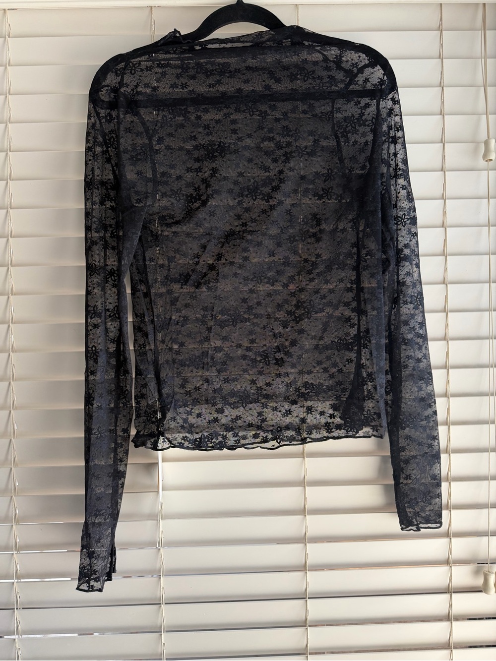 Sheer Floral Lace Long-Sleeve Top - Black